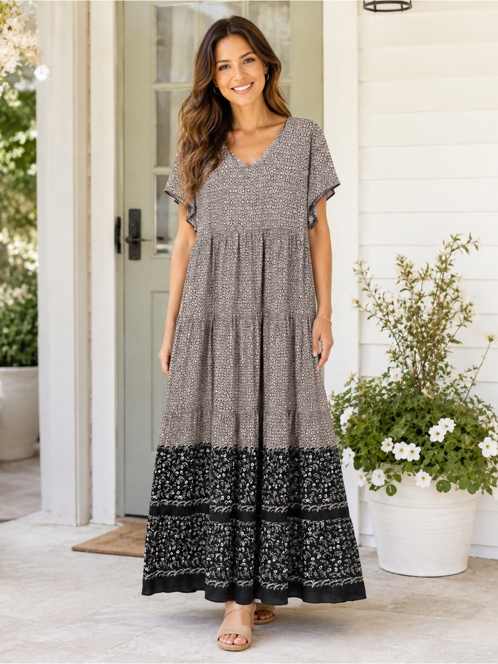 Yak N Yeti Women’s Black & Gray Tiered Maxi Dress - Scoop Neck